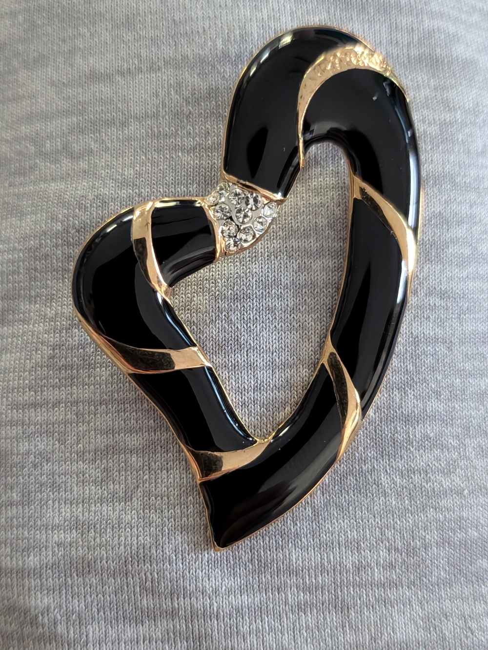 Black and Gold Heart Pendant Brooch with Crystal Accent